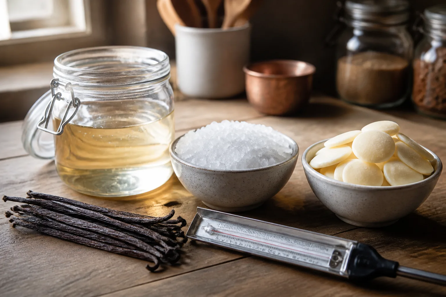 Ingrediënten voor suikerwerk: glucose, isomalt, cacaoboter en thermometer klaargezet in Eindhoven