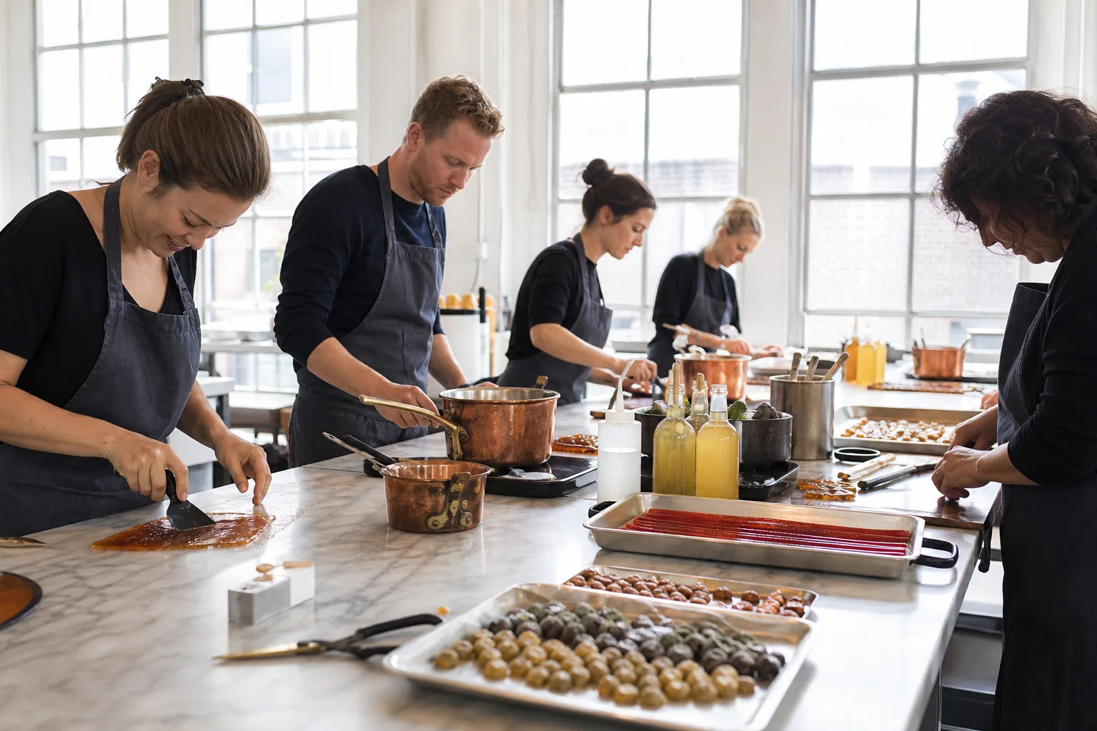 Volwassenen in een Eindhovens atelier werken samen aan snoep op een marmeren werktafel