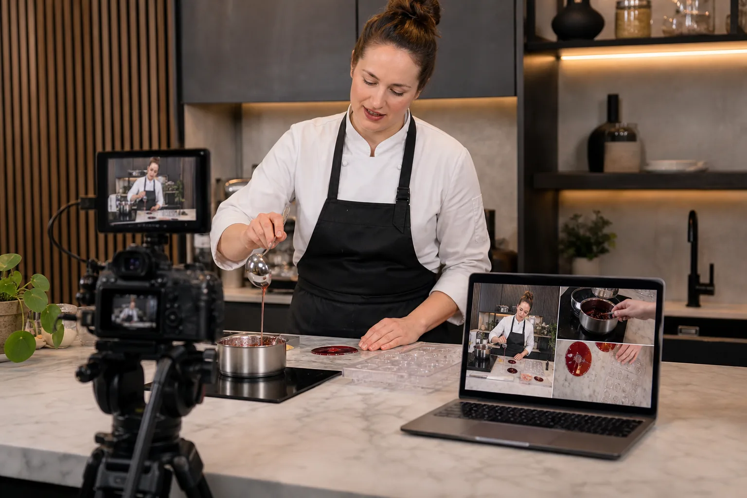 Docent filmt een stap-voor-stap zoetwarencursus in een Eindhovens keukenatelier met camera en laptop