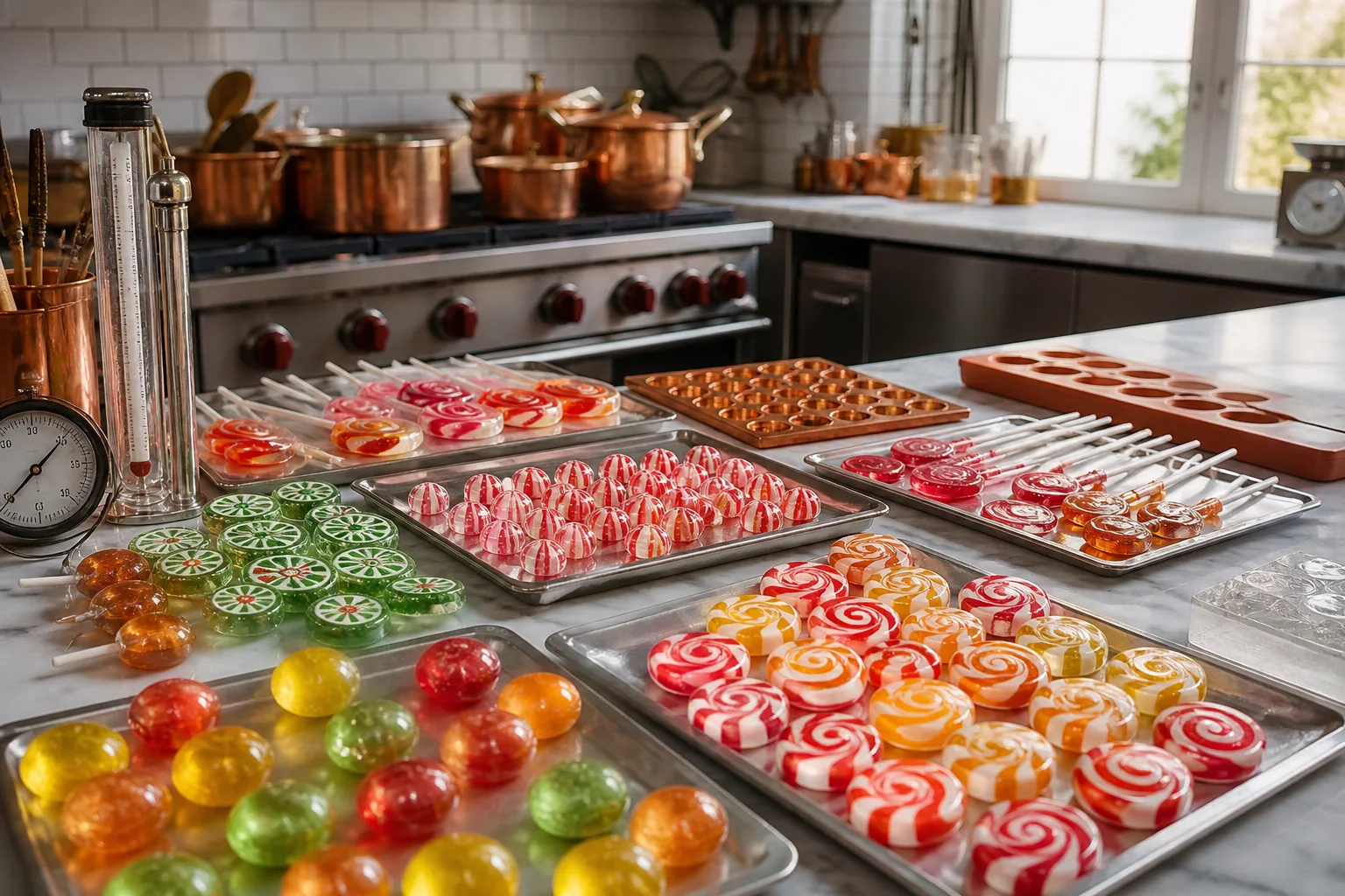 Kleurrijk handgemaakt snoep en lolly’s op marmer in het Eindhovense zoetwarenatelier