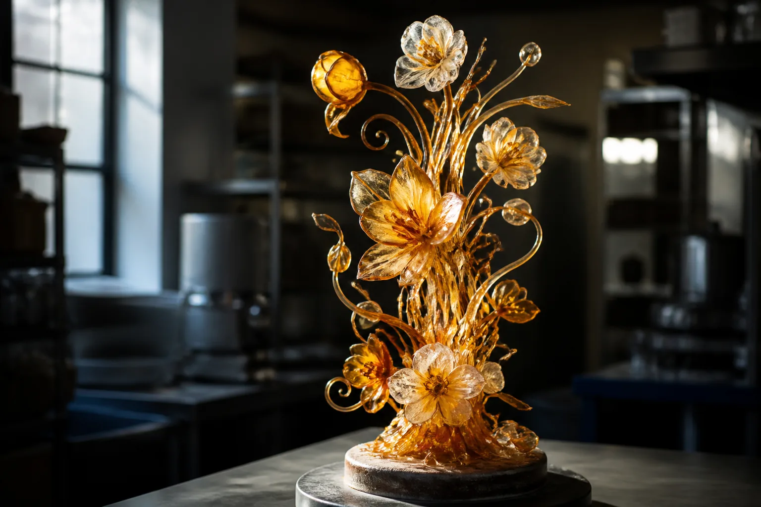 Hoge getrokken-suikersculptuur als bloemstuk in een Eindhovens patisserie-atelier