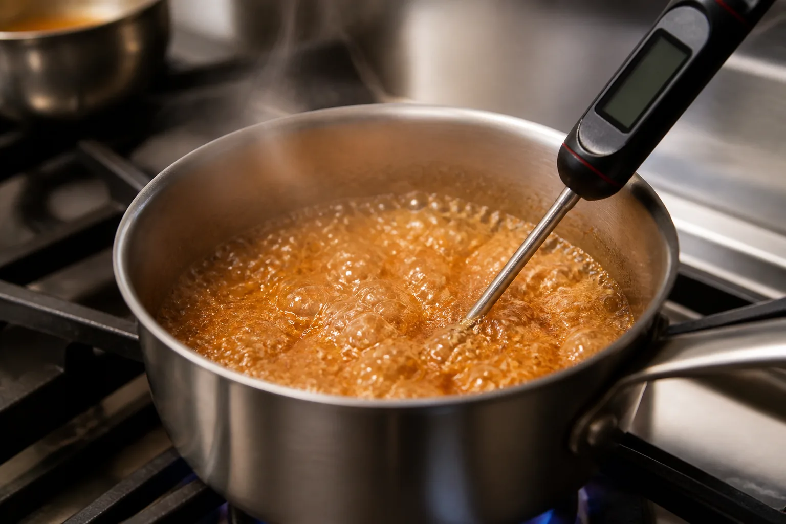 Digitale thermometer in borrelende gouden karamel op het fornuis van het Eindhovense lesatelier